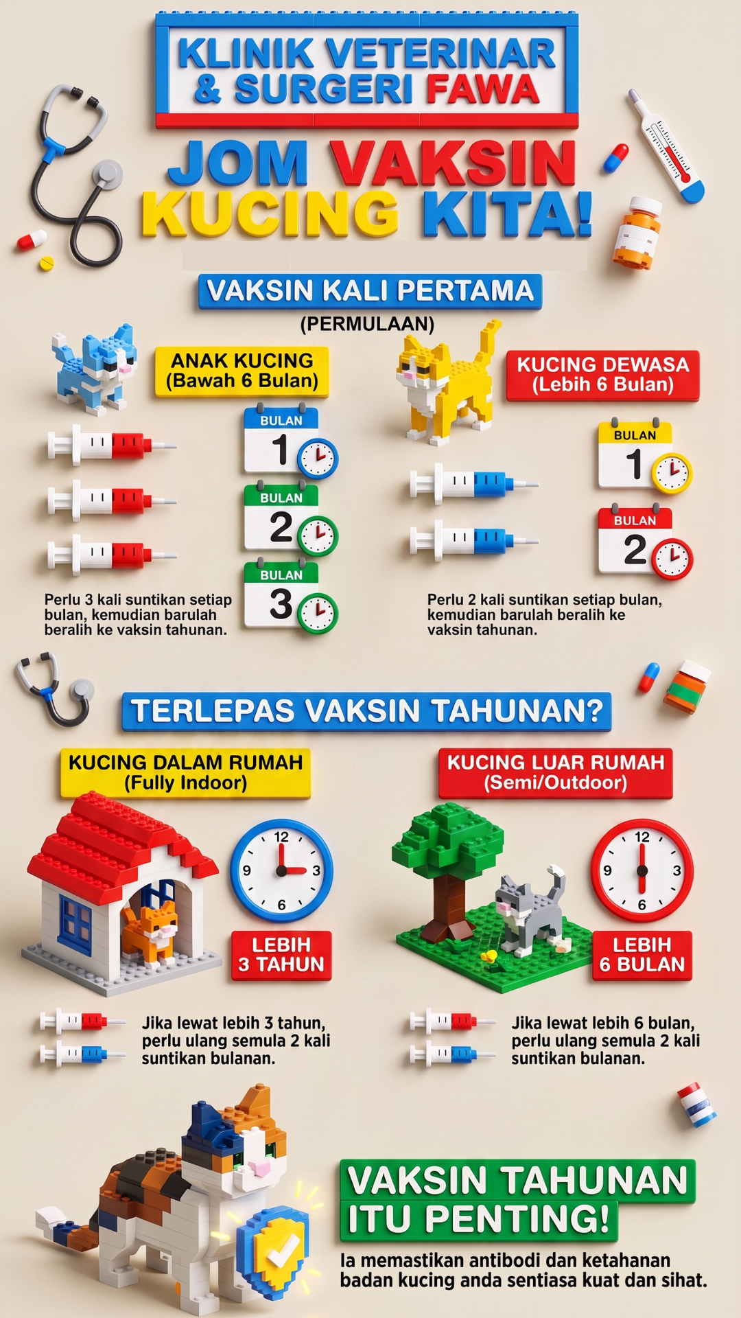 Infografik Jom Vaksin Kucing Kita — jadual vaksin anak kucing dan kucing dewasa, vaksin tahunan, dari Klinik Veterinar & Surgeri Fawa
